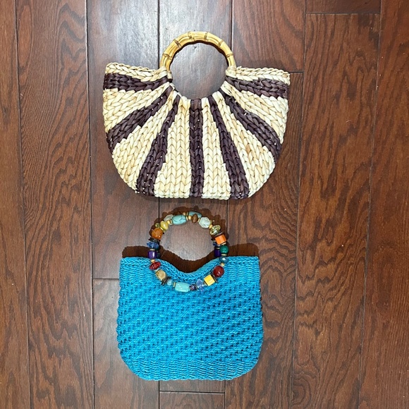 Lot of 2 straw woven bags summer beach aqua tan Capelli Austin Clothing Co. - Picture 3 of 6